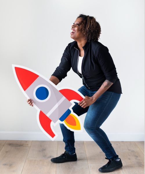 african-descent-woman-holding-rocketship-icon